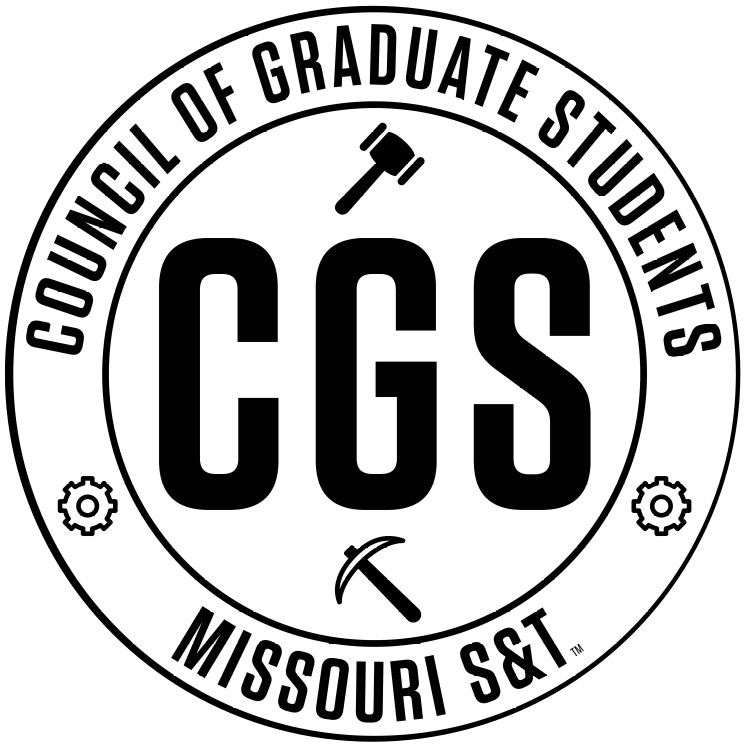Council of Graduate Students (CGS) logo for Missouri S&T, featuring a gavel, pickaxe, and gears.
